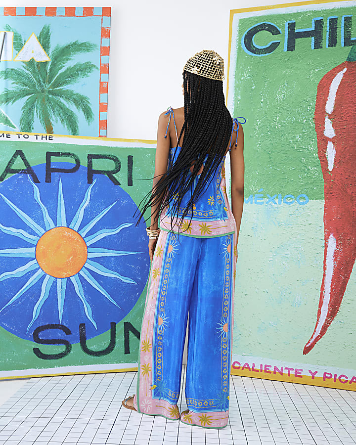 Blue Atlas Drawstring Wide Leg Trousers