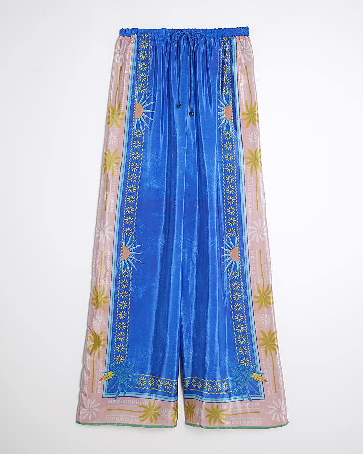 Blue Atlas Drawstring Wide Leg Trousers