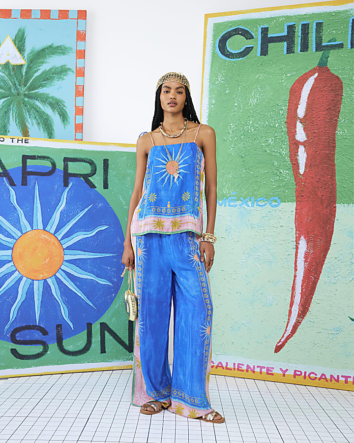 Blue Atlas Drawstring Wide Leg Trousers