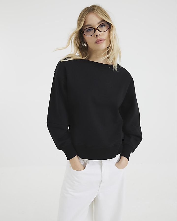 Black Long Sleeve Boat Neck Sweatshirt