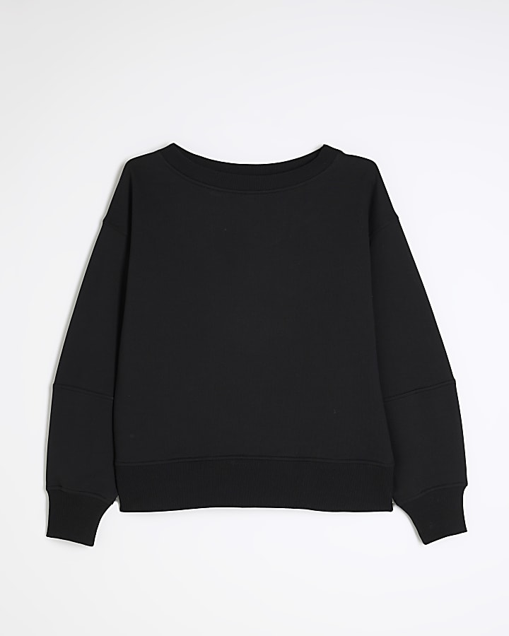 Black Long Sleeve Boat Neck Sweatshirt