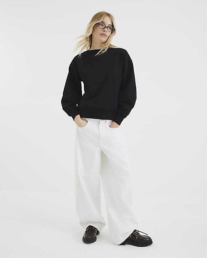 Black Long Sleeve Boat Neck Sweatshirt