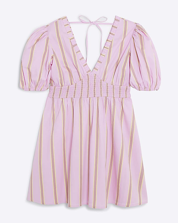 Pink Short Sleeve Stripe Mini Dress