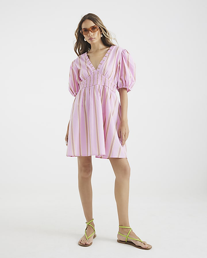 Pink Short Sleeve Stripe Mini Dress