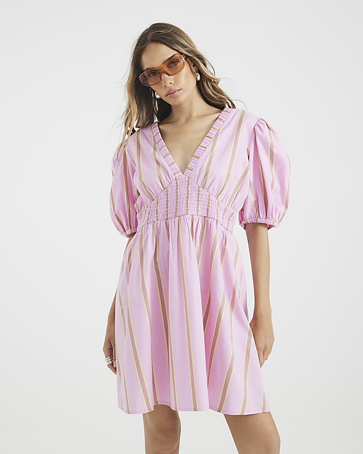 Pink Short Sleeve Stripe Mini Dress