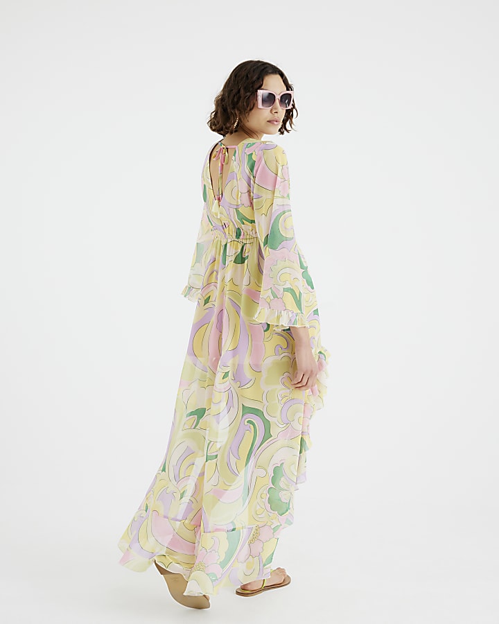 Yellow Floral Swirl Plunge Maxi Dress