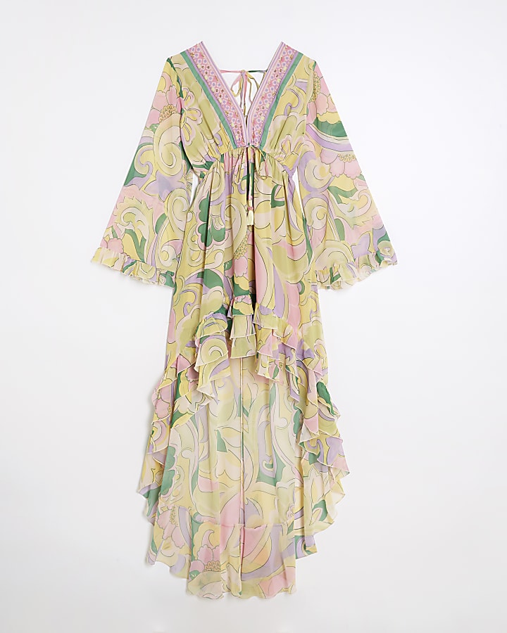 Yellow Floral Swirl Plunge Maxi Dress