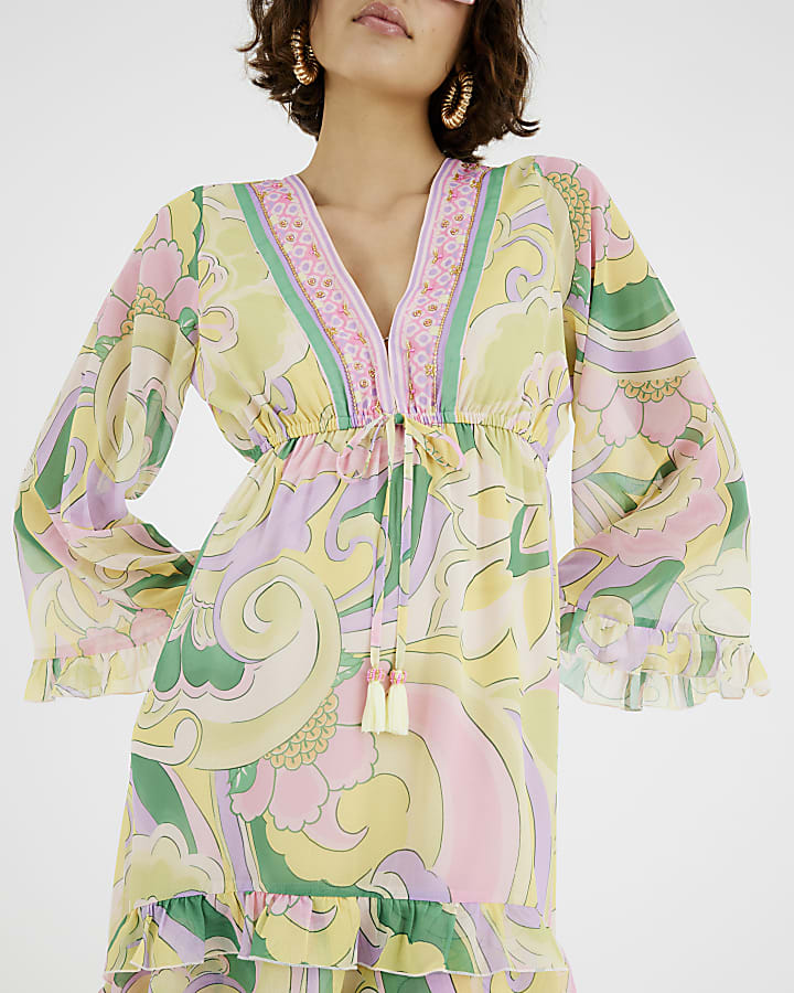 Yellow Floral Swirl Plunge Maxi Dress