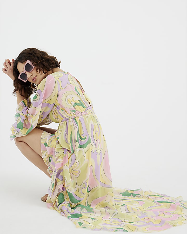 Yellow Floral Swirl Plunge Maxi Dress