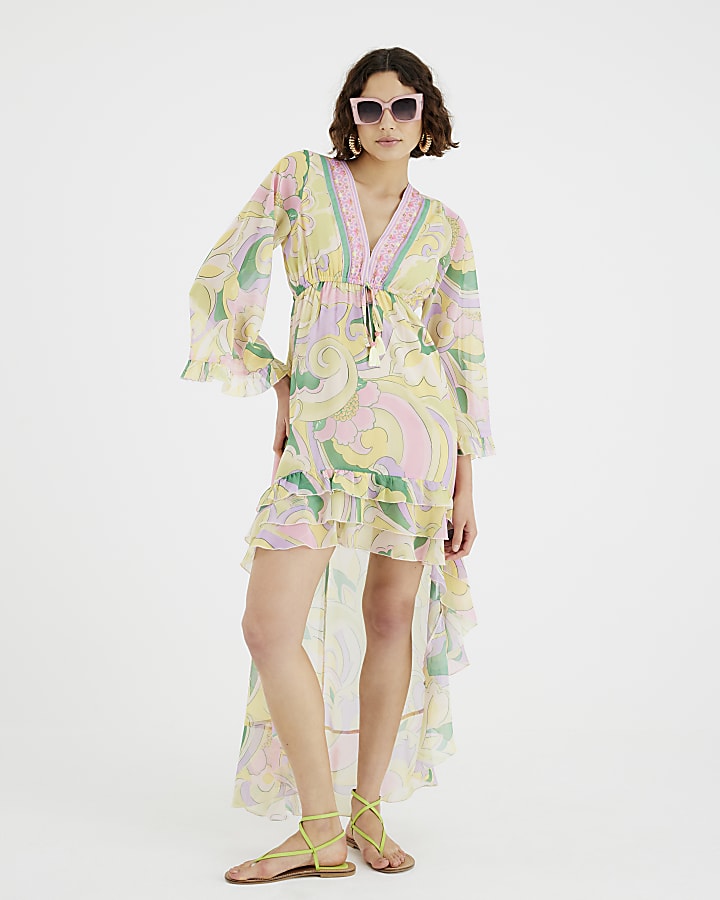 Yellow Floral Swirl Plunge Maxi Dress