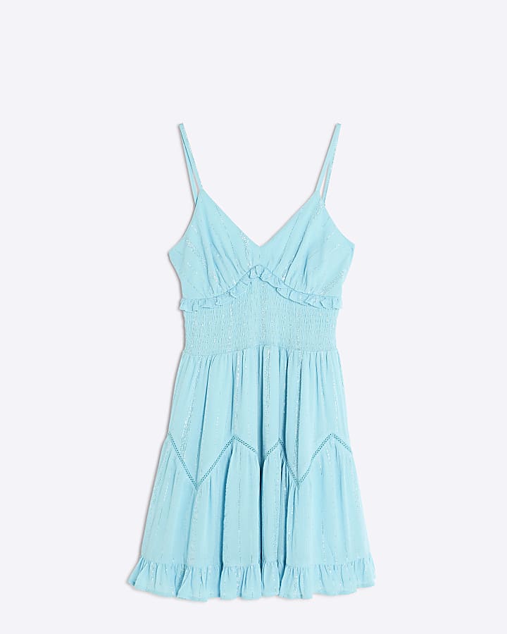 Blue Frilled Sleeveless Mini Beach Dress