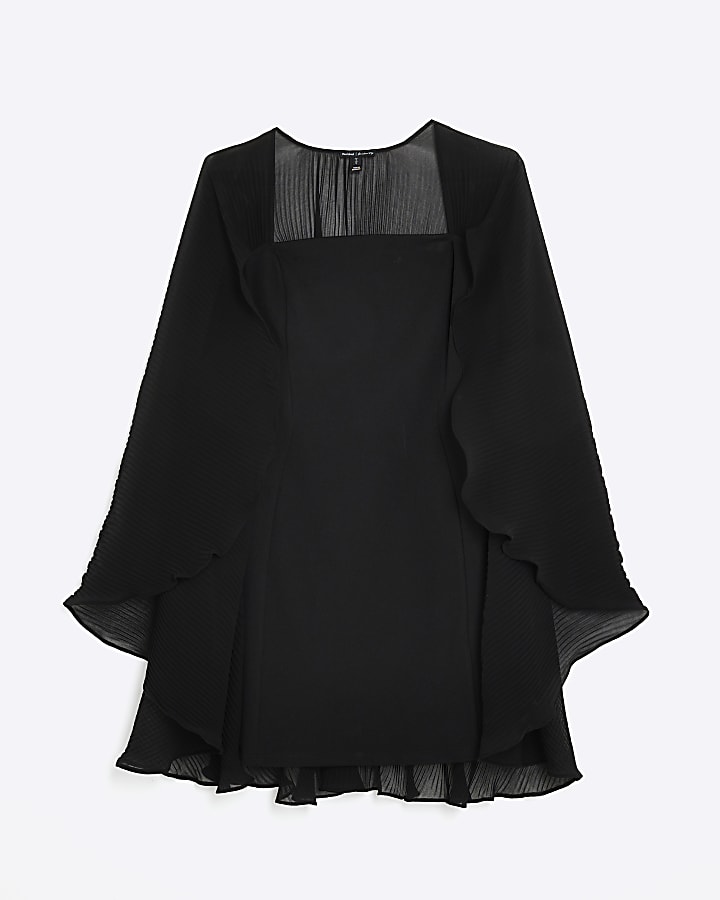 Black Pleated Cape Mini Dress