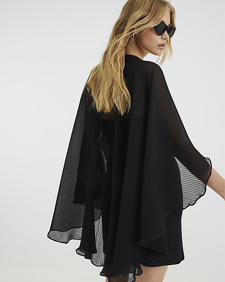 Black Pleated Cape Mini Dress