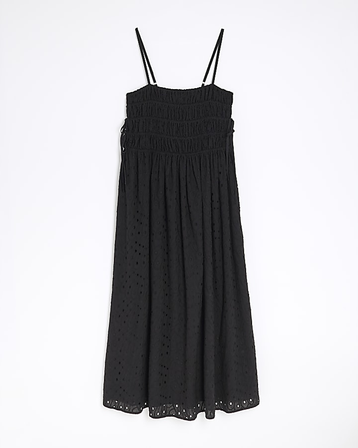 Black Broderie Tie Detail Midi Dress
