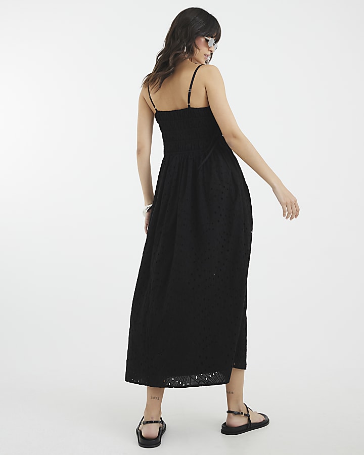 Black Broderie Tie Detail Midi Dress