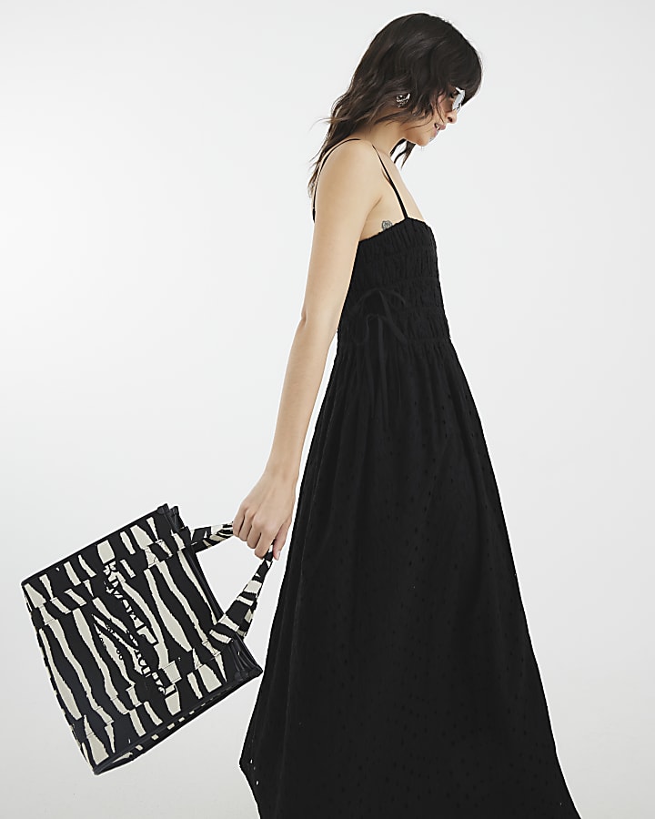 Black Broderie Tie Detail Midi Dress