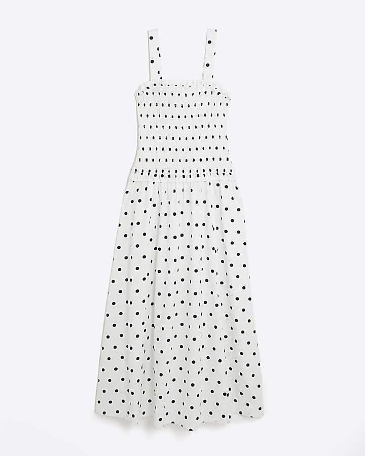 White Polka Dot Shirred Midi Dress