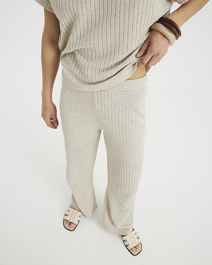 Gold Knit Ribbed Wide Leg Trousers