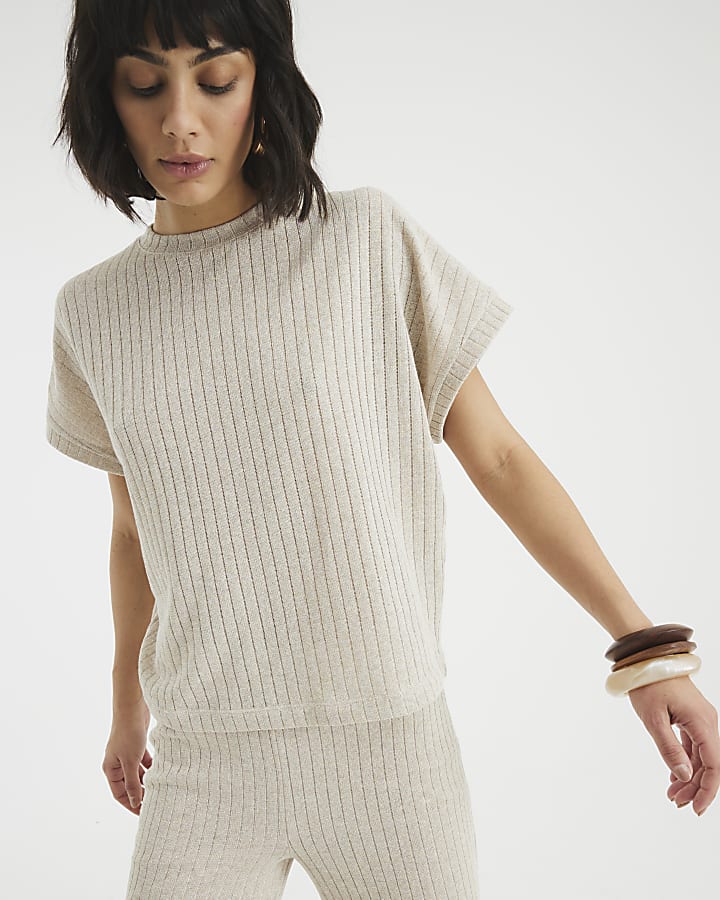 Gold Short Sleeve Knit Ribbed T-shirt