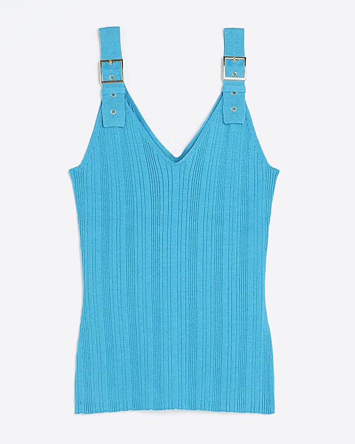 Blue Buckle Strap Knit Vest Top