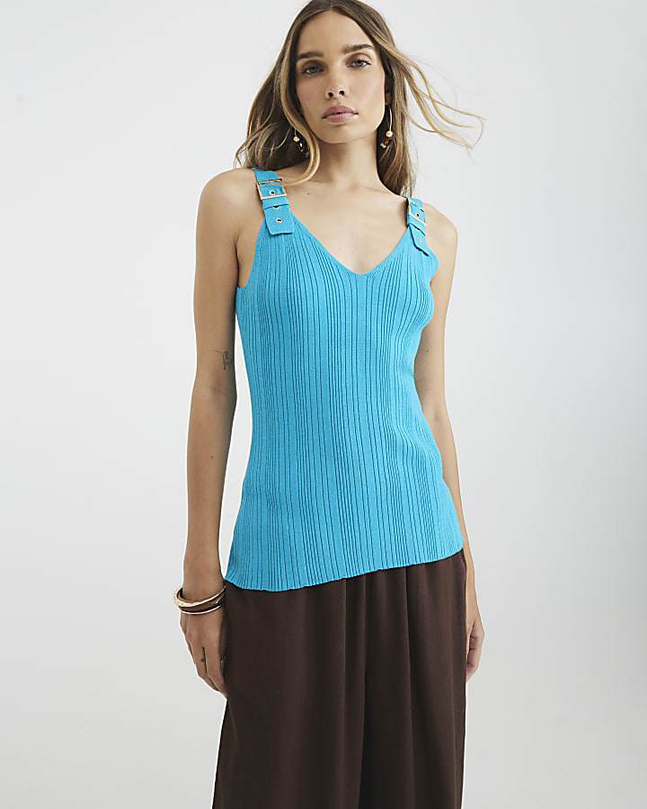 Blue Buckle Strap Knit Vest Top