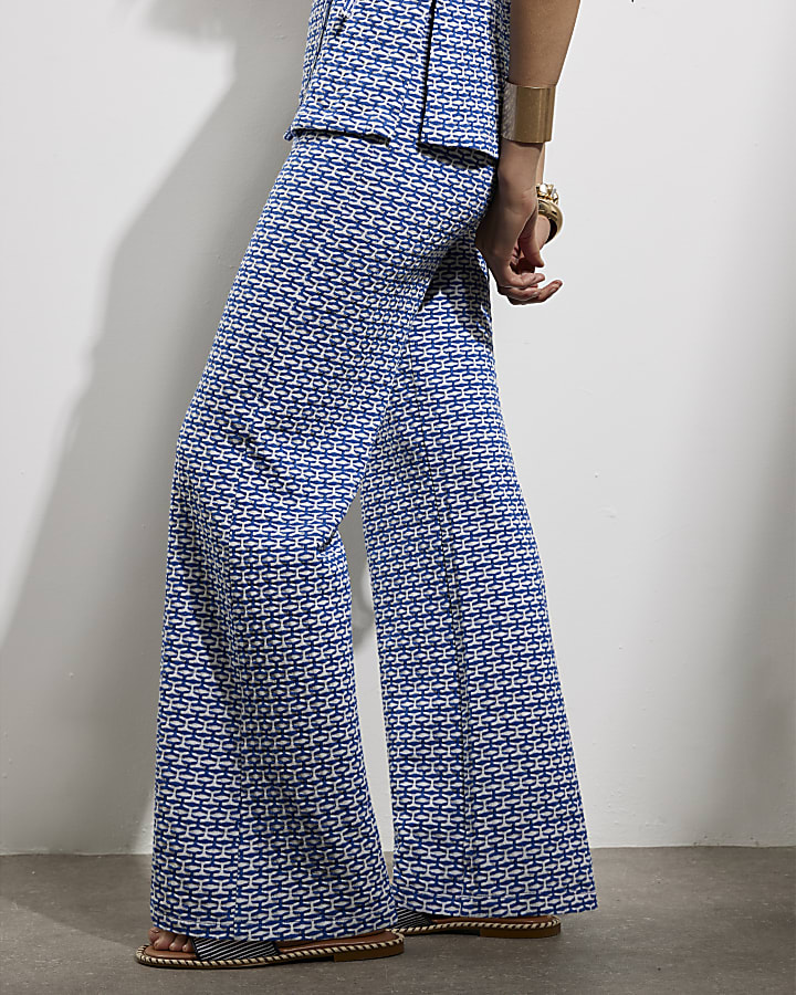 Blue Geometric Print Wide Leg Trousers