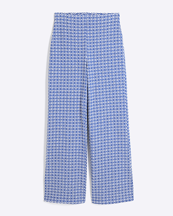 Blue Geometric Print Wide Leg Trousers