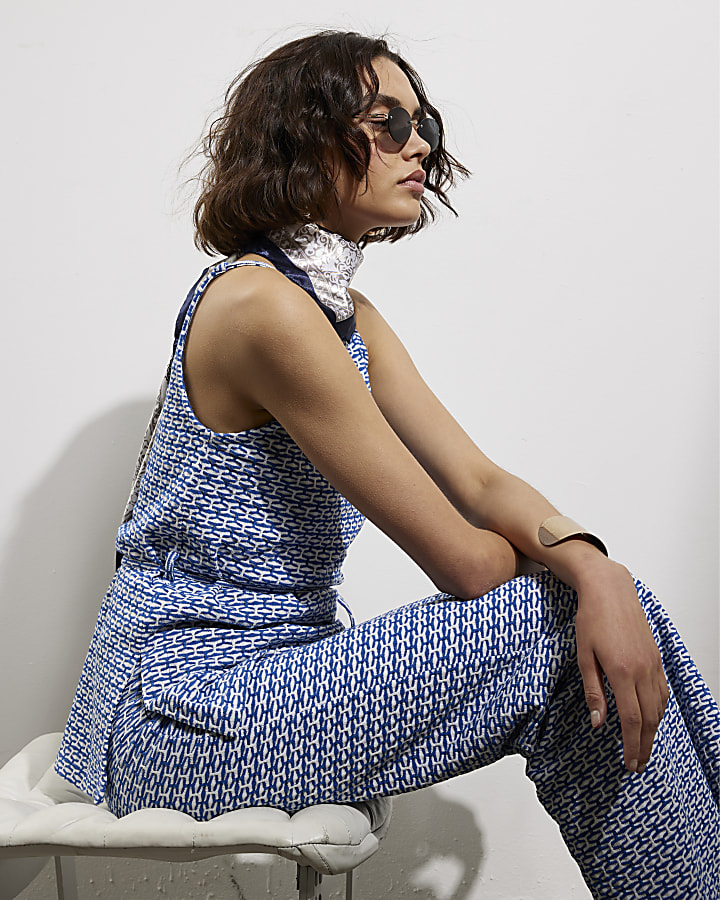 Blue Geometric Print Wide Leg Trousers