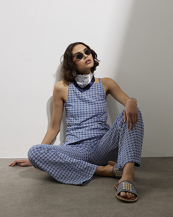 Blue Geometric Print Wide Leg Trousers