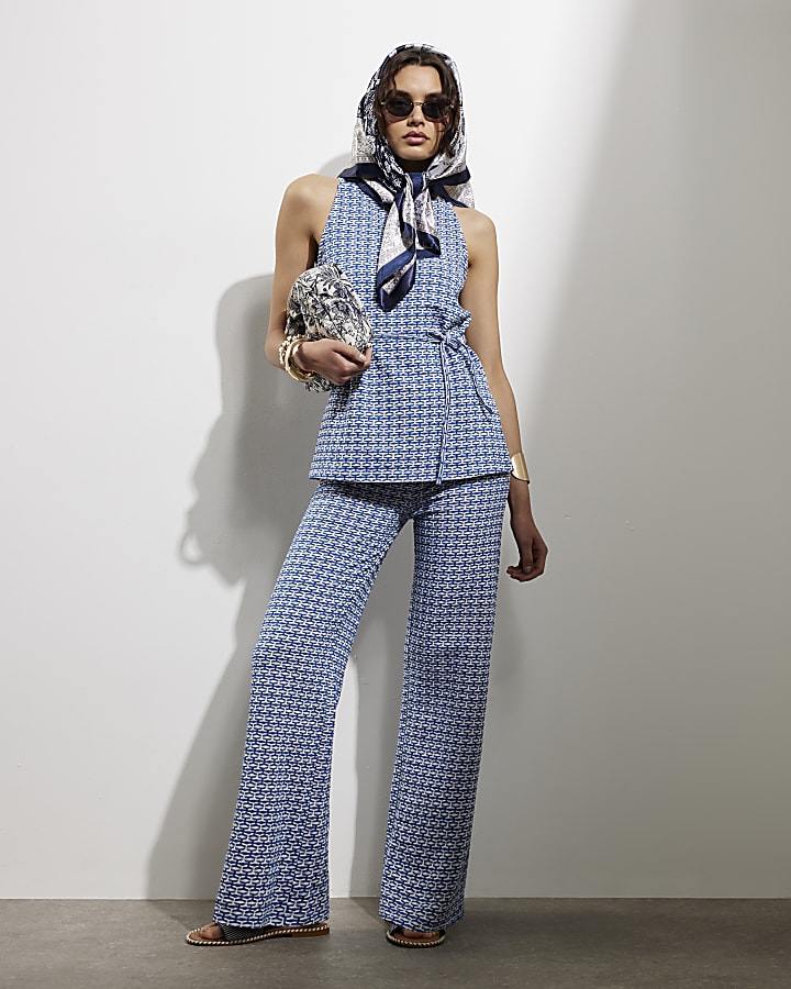 Blue Geometric Print Wide Leg Trousers