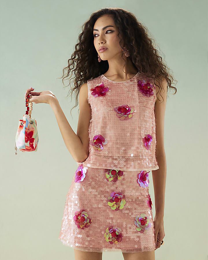 Pink Sequin Floral Embellished Mini Skirt
