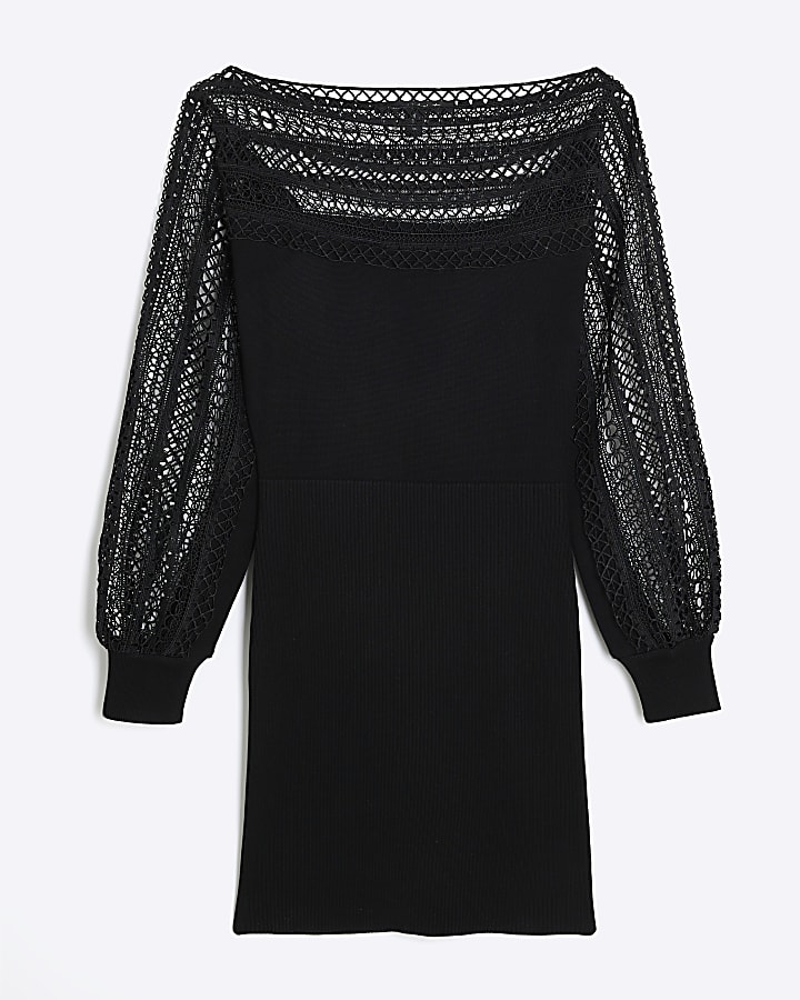 Black Lace Detail Knit Mini Jumper Dress