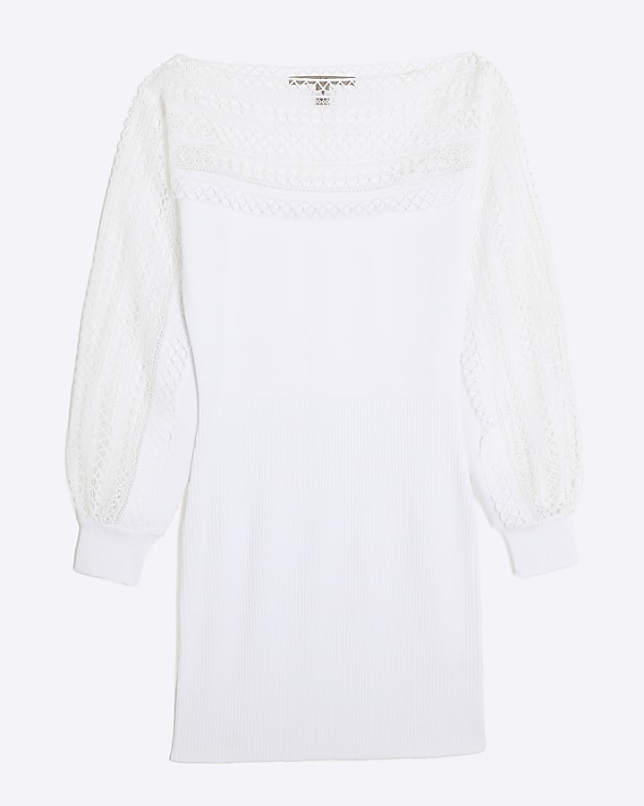 White Lace Detail Knit Mini Jumper Dress