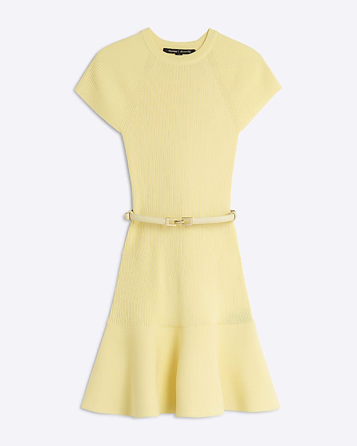Yellow Knit Belted Mini Dress