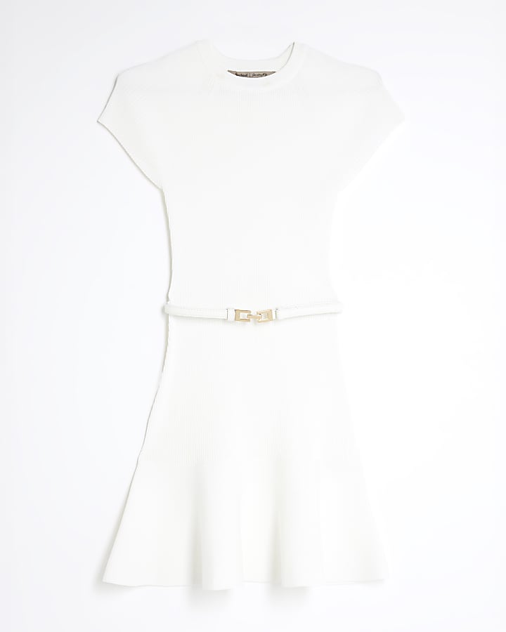 White Knit Belted Mini Dress