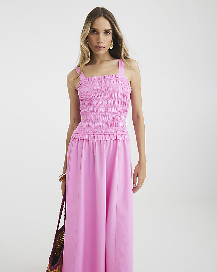 Pink Shirred Midi Dress