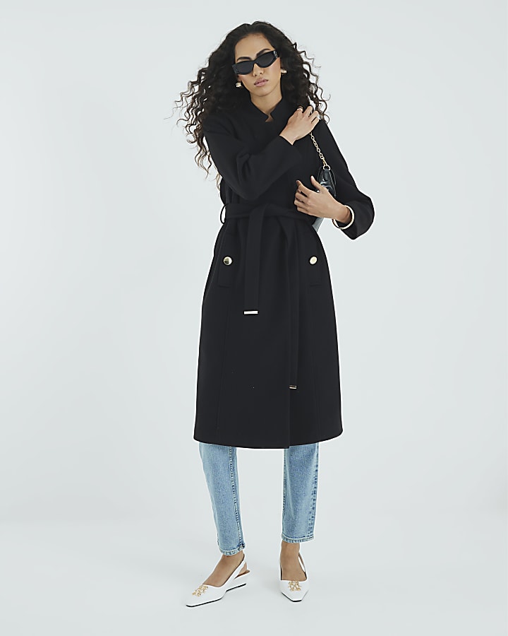Black Notch Collar Belted Wrap Coat