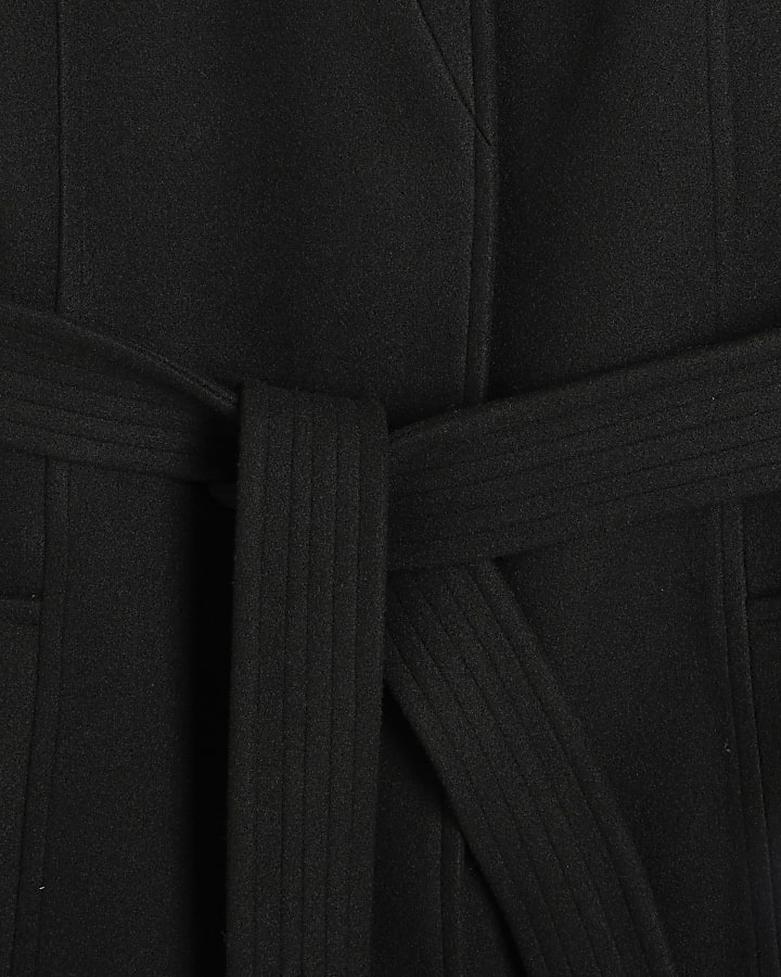 Black Notch Collar Belted Wrap Coat