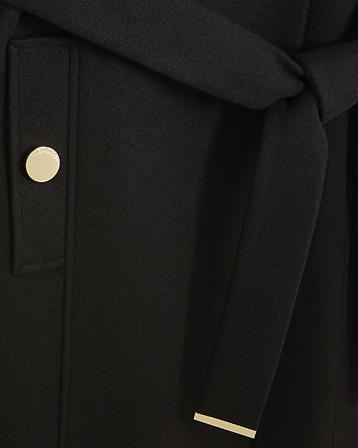 Black Notch Collar Belted Wrap Coat