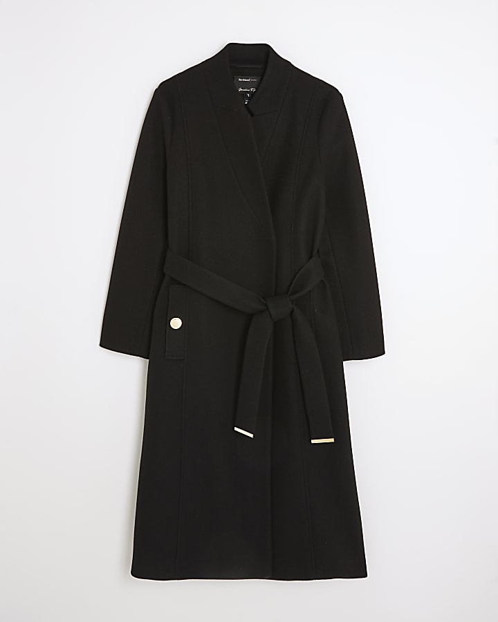 Black Notch Collar Belted Wrap Coat