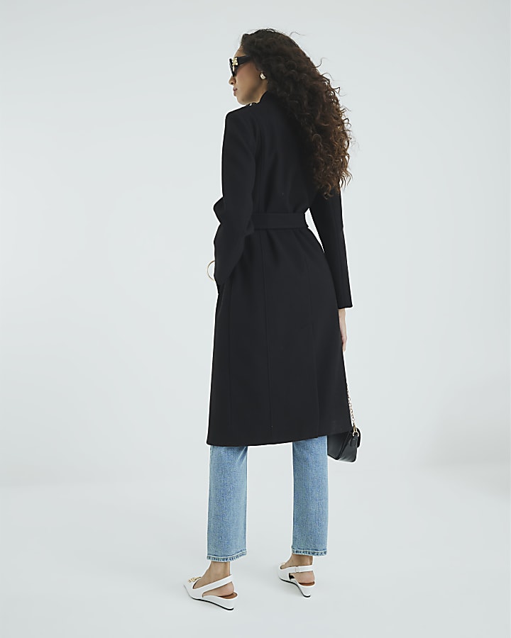 Black Notch Collar Belted Wrap Coat