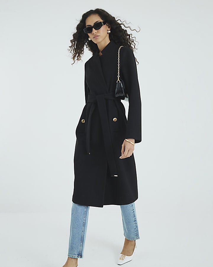 Black Notch Collar Belted Wrap Coat