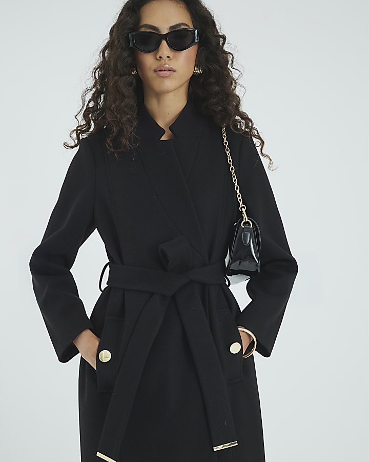 Black Notch Collar Belted Wrap Coat