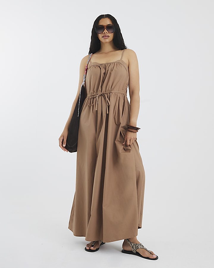 Brown Strappy Poplin Midi Dress
