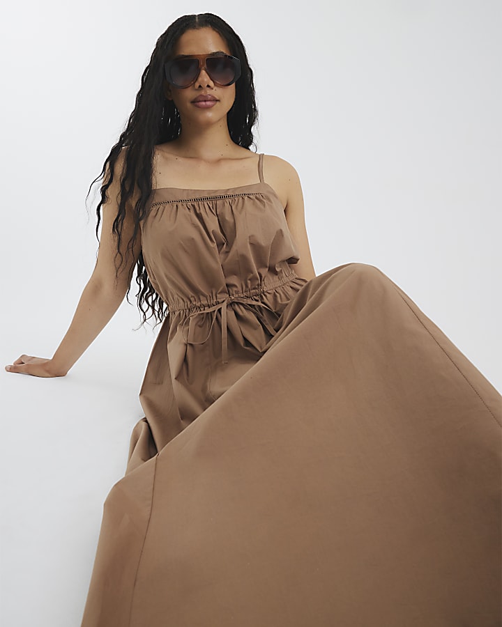 Brown Strappy Poplin Midi Dress