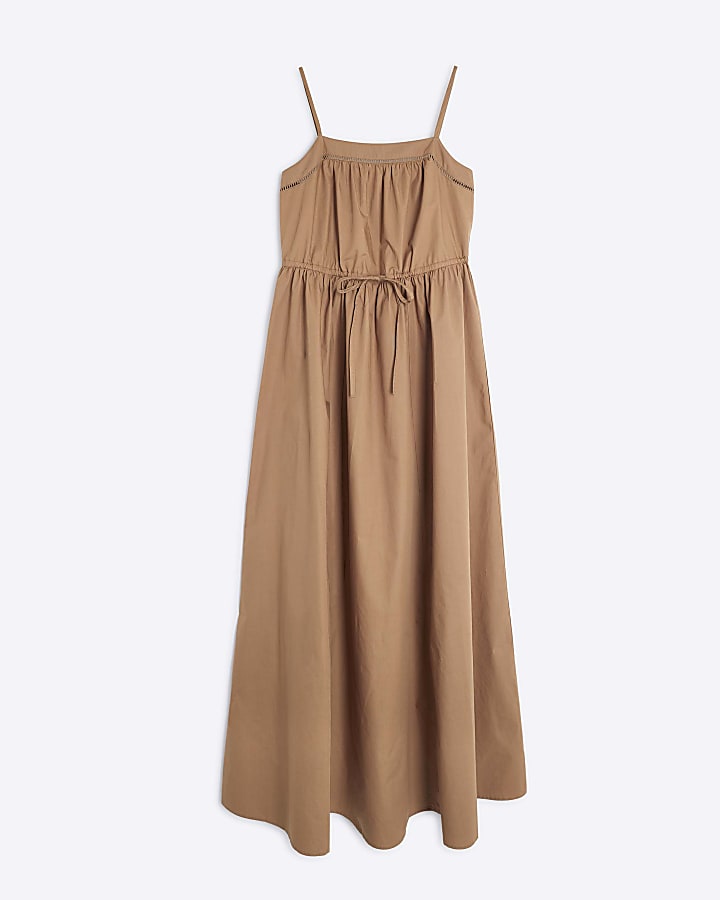 Brown Strappy Poplin Midi Dress