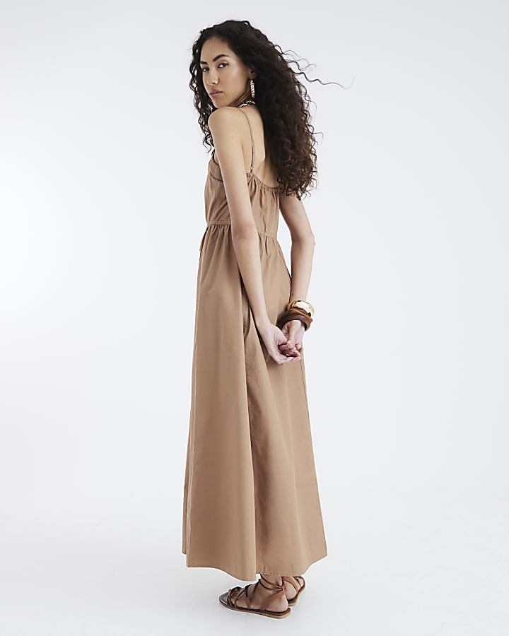 Brown Strappy Poplin Midi Dress