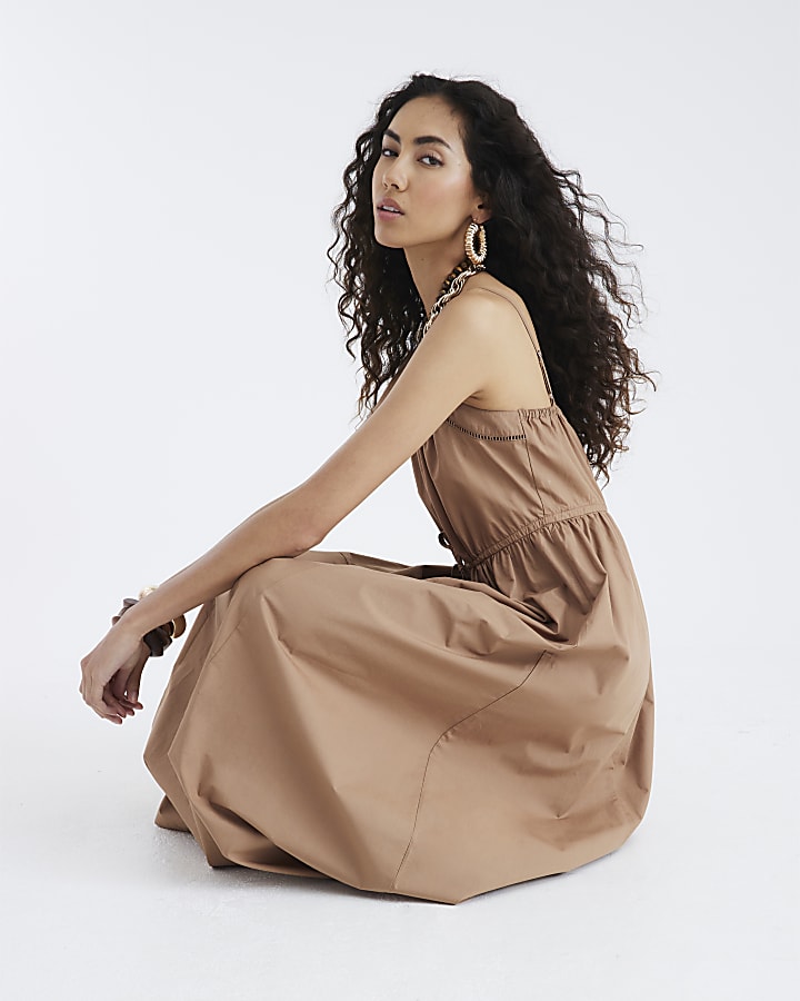 Brown Strappy Poplin Midi Dress
