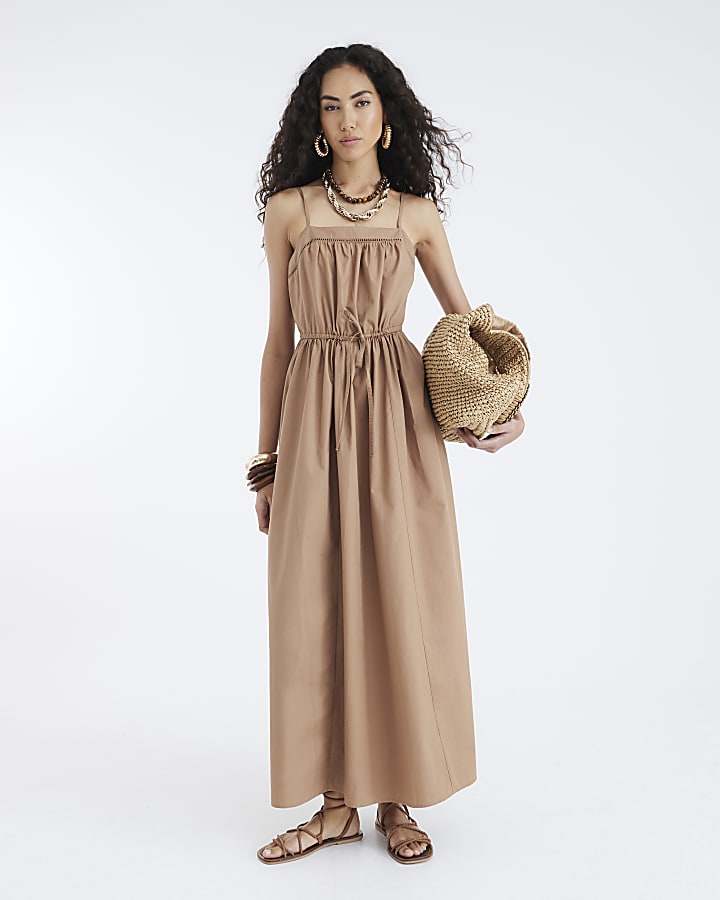 Brown Strappy Poplin Midi Dress