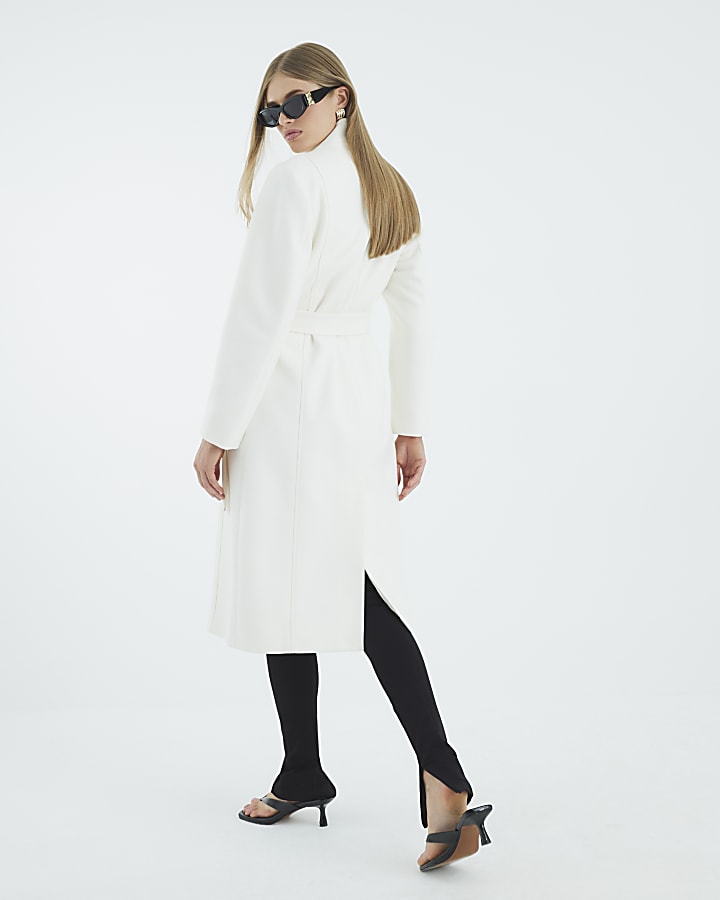 Cream Notch Collar Belted Wrap Coat